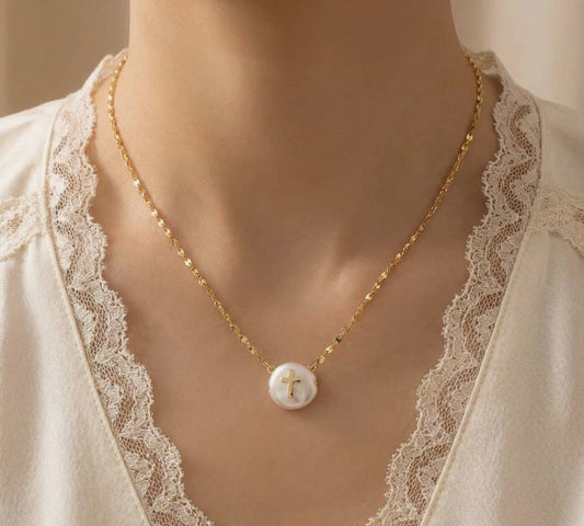 Cross on Pearl Pendant Necklace
