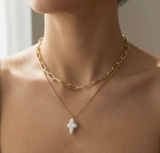 Pearl Cross Pendant Layered Necklace